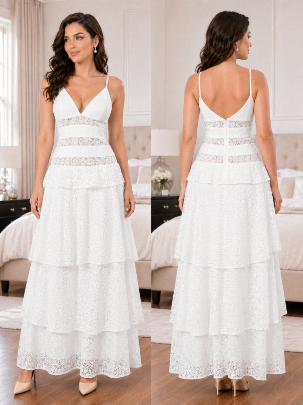 NWT Monique Lhuillier White Lace Tiered Tea Length Gown $695
